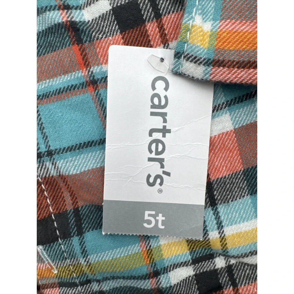 Carters Boys 5T Long Sleeve Button-Up‎ Shirt Hooded Plaid Orange Blue Yellow NWT